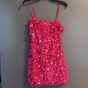 Pink feather sequined dress